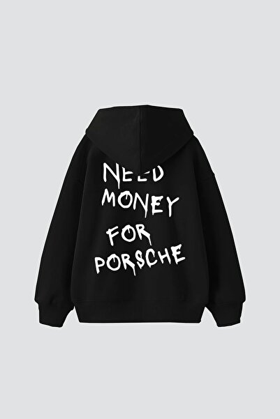 Marco Fresco Need Money for Porche Printed Women/Men Unisex Oversized Hooded 3-Thread Black-White Sweatshirt