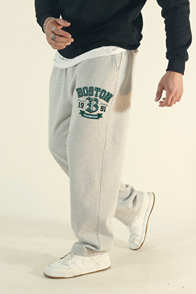 EydaMoon Men's Baggy Boston Letter Print Winter Cotton Wide Leg Sweatpants