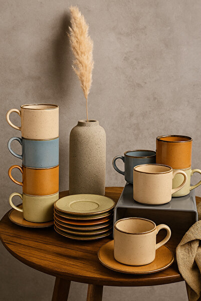 PORLINE Kadikizi 8 Pieces Calma Mora 4 Person Porcelain Stackable Coffee Cup Set