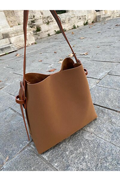 Çanta Trend Tan Suede Buckle Detailed Tan Large Size Women's Shopper Shoulder Bag