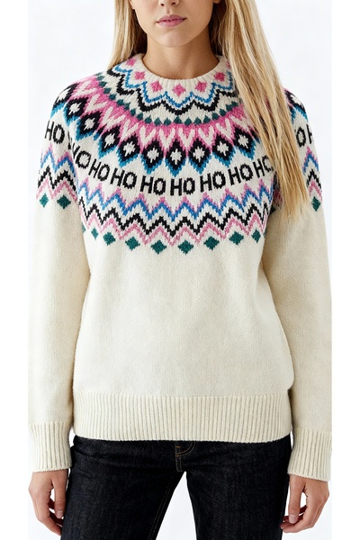 Matcha Butik Kadın Yılbaşı Temalı Krem Rengi Kazak