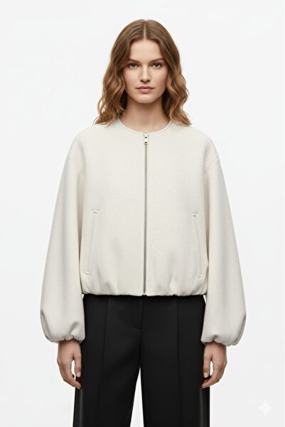 SmallTouch Rahat Kalıp Kaşe Kumaş Kadın Fermuarlı Ekru Bomber Ceket