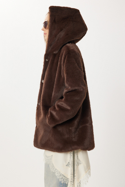 Lovelyİstanbul Hooded Faux Fur Coat Lzh0018 Brown
