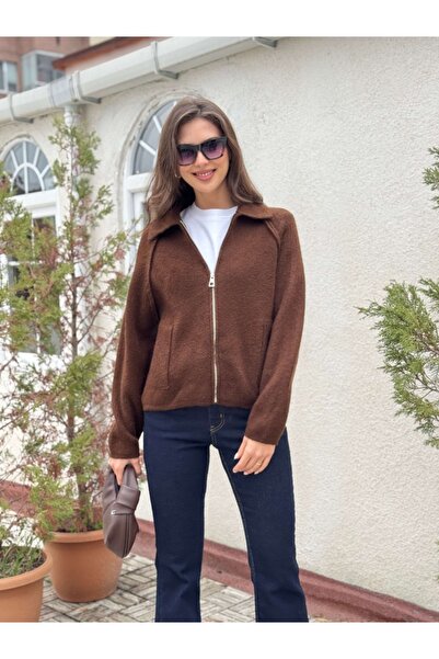 Elif Özbey Butik Bitter Brown Polo Neck Zippered Cardigan