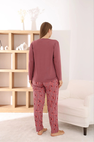 Pijamoni Women's Plus Size Milan Fabric Crew Neck Dusty Rose Pajama Set