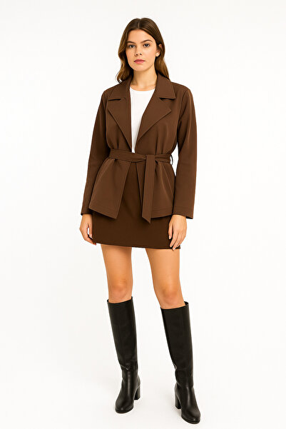 Deppot Kadin Kısa trençkot etekli kahverengi takım