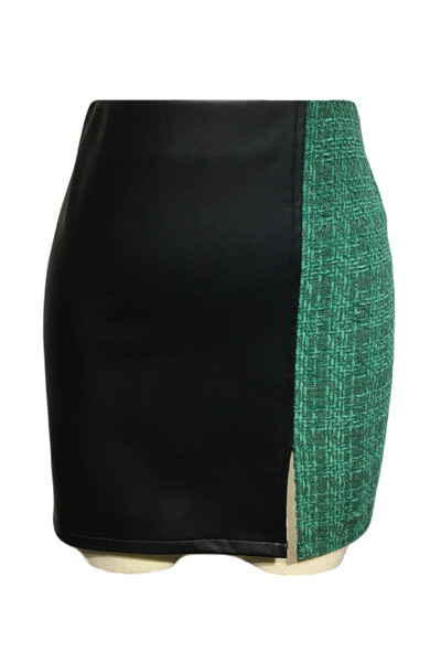 Kahra Collection Koyu Yeşil Tüvit Detaylı Siyah Mini Deri Etek