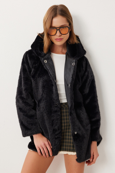 Lovelyİstanbul Hooded Faux Fur Coat Lzh0018 Black