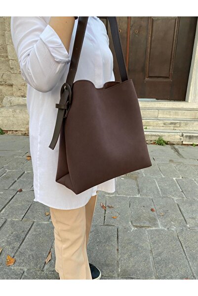 H&D COLLECTİON Brown Suede Buckle Detailed Bitter Brown Oversized Women's Shopper Bag