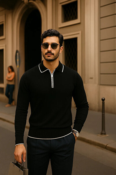 comstar Men's Zippered Black Long Sleeve Polo Neck Knitwear Sweater