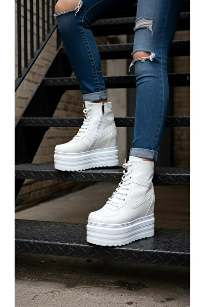 Modanizm Arvra White Wedge Heeled Sports Boots