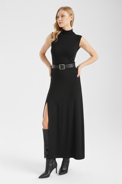 By Yaren Yazıcı Rochie maxi neagră pentru femei, cu jumătate de gât, cu cu fa...