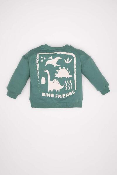 DeFacto Baby Boy Green Crew Neck Dinosaur Printed Soft Fleece Inside Thin Sweatshirt (24 Wn)