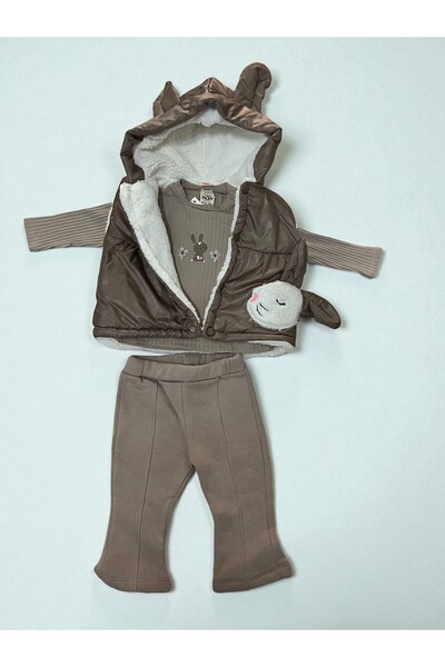 MİLAYS LİFE HOME COLLECTİON Baby Girl 3-Piece Set with Rabbit Embroidery and Pockets, 100% Cotton. Welsoft Lamb Lining Inside the Coat