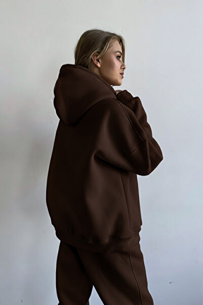 GUARAZ Унисекс кафява мека материя, широка кройка, подплатена с флис, суитшърт с качулка