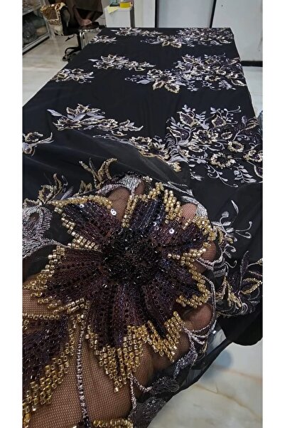 JONADAN Luxurious black tulle fabric with elegant gold and purple embroidery, 3 meters wide.