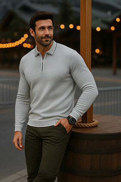 comstar Men's Casual Long Sleeve Gray Polo Neck Sweater