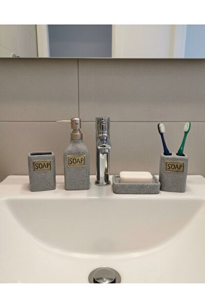 Buğra Home 4 PARÇA SIVI SABUNLUK,KATI SABUNLUK,DİŞ FIRÇALIK PORSELEN KÖŞELİ B...