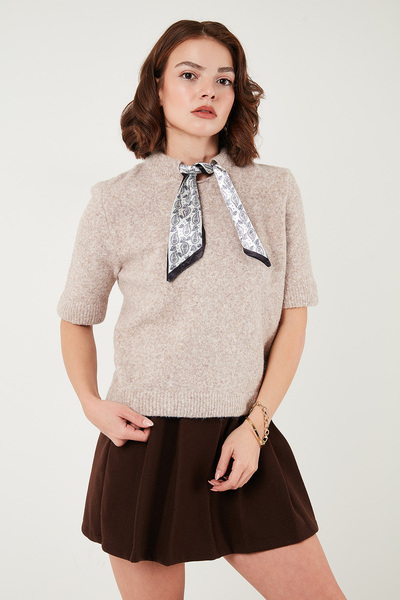 Lela Wool Blend Regular Fit Scarf Collar Short Sleeve Knitwear Sweater Sweater 4617023