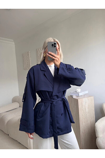 Zora Butik Kuşaklı Midi Trençkot - LACİVERT