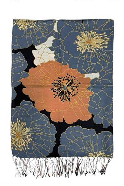 ipekevi Desenli İpek Şal - Ortanca Sepeti Desenli - Siyah Bakır M.Mavi