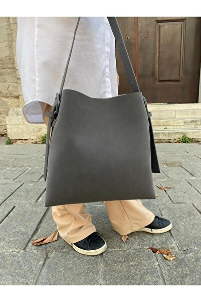 H&D COLLECTİON Suede Buckle Detailed Tan Large Size Women's Shopper Shoulder Bag