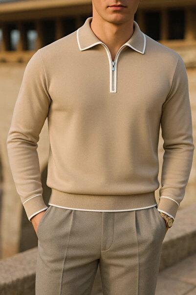 comstar Ανδρικό πουλόβερ με ριγέ μακρυμάνικο μπεζ γιακά πόλο