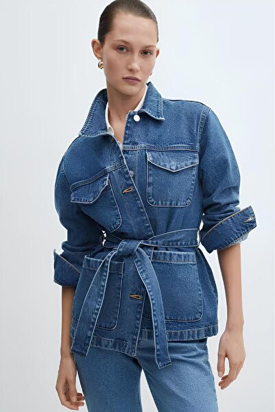 Perryes Jachetă din denim cu curea și buzunare - Palton albastru din denim