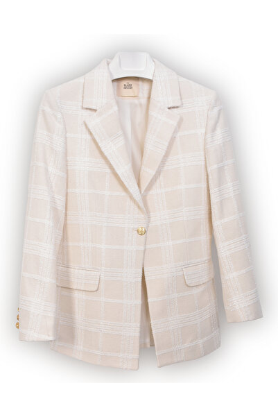 the blazer obsessed Women's Cream White Plaid Gold Buttoned Blazer Jacket