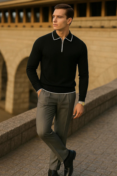 comstar Men's Striped Trend Long Sleeve Black Polo Neck Sweater