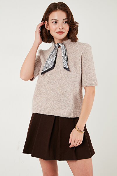 Lela Wool Blend Regular Fit Scarf Collar Short Sleeve Knitwear Sweater Sweater 4617023