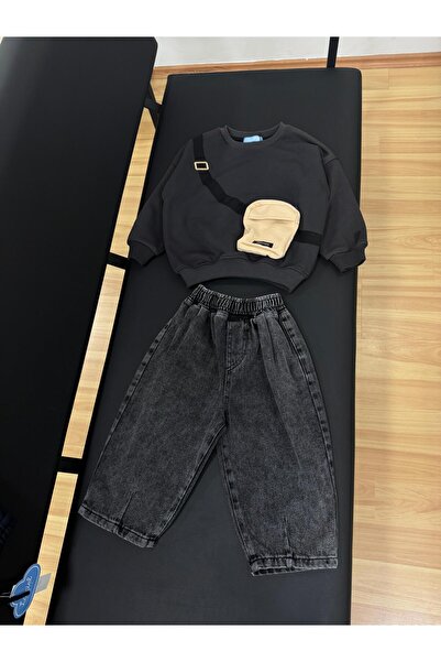 Magu Boys' Cotton Black Baggy Sweatshirt and Wide-Leg Pants Set – Casual Comfortable Style