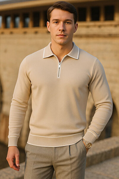 comstar Ανδρικό πουλόβερ με ριγέ μακρυμάνικο μπεζ γιακά πόλο