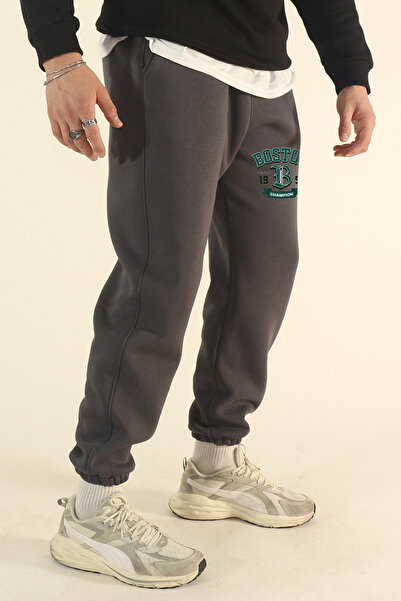 EydaMoon Ανδρικό παντελόνι Boston Written Winter 3 Thread Elastic Jogger με ελαστικό κάτω μέρος