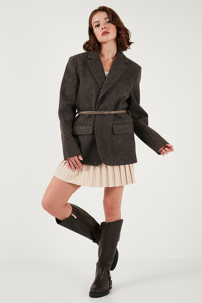 Lela Striped Wool Blend Oversized Fit Double-Breasted Collar Belted Jacket Jacket 6839634