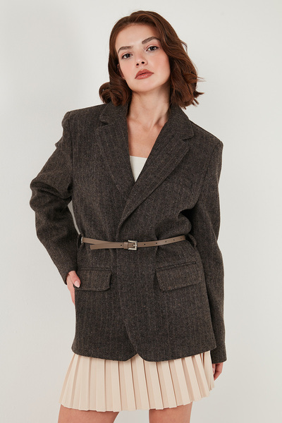 Lela Striped Wool Blend Oversized Fit Double-Breasted Collar Belted Jacket Jacket 6839634