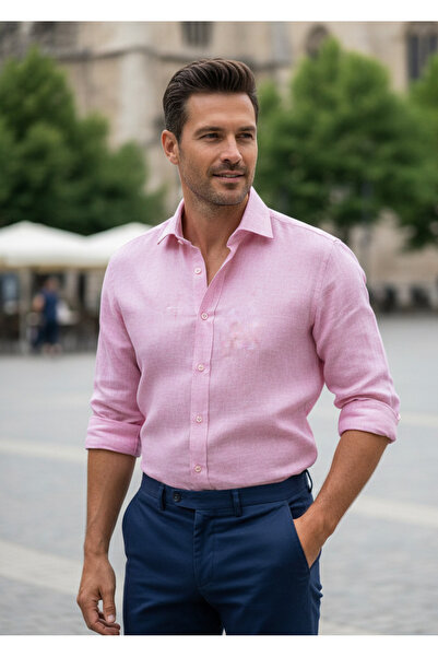 YusGos Men's Regular Fit Regular Collar Winter Raw Linen Shirt