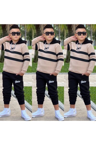 WİKİBOOM Hooded 3-Ply Sha Fleece-Lined Lt Top Boys' Tracksuit Set