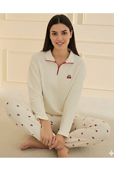 Trend ol tekstil Yarım Fermuarlı Waffle Kumaş Kiraz Desenli Kadın Pijama Takımı