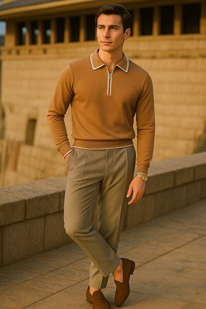 comstar Men's Striped Trend Long Sleeve Coffee Polo Neck Sweater