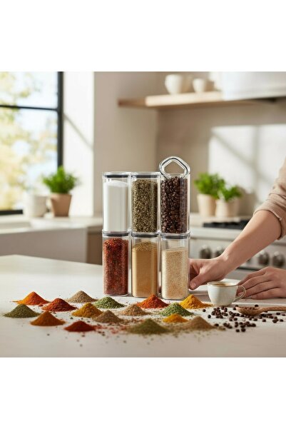 NY HOME مجموعة من 6 أوعية توابل مع أغطية مفرغة الهواء وملصقات