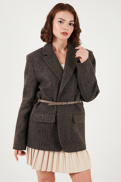 Lela Striped Wool Blend Oversized Fit Double-Breasted Collar Belted Jacket Jacket 6839634