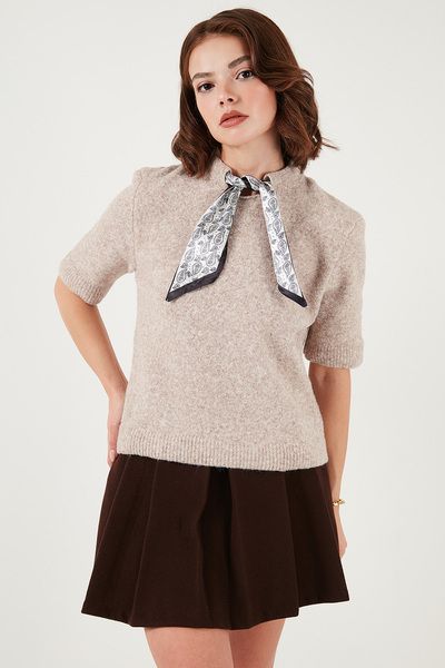 Lela Wool Blend Regular Fit Scarf Collar Short Sleeve Knitwear Sweater Sweater 4617023