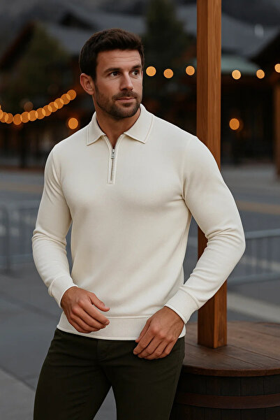 comstar Men's Casual Long Sleeve Cream Polo Neck Sweater