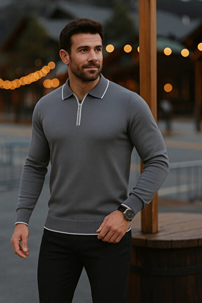 comstar Men's Casual Long Sleeve Smoked Polo Neck Sweater