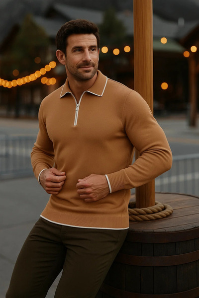 comstar Мъжки пуловер с дълъг ръкав и поло яка в цвят кафе