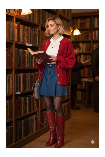 Namaste Vintage Red Color Knit Detailed Balloon Sleeve Knitwear Cardigan