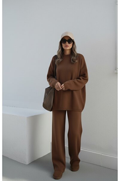 BRTC design Women's Crew Neck Elastic Waist Wide Leg Relax Knitwear Set