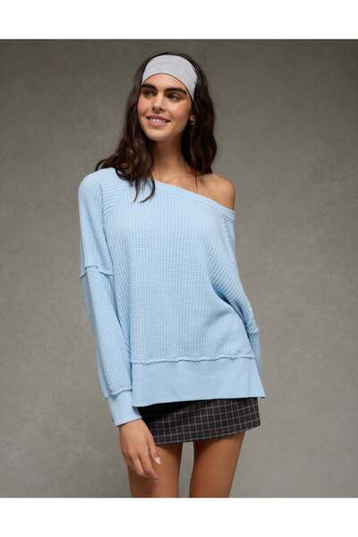 AMERICAN EAGLE AE Big Hug Off-The-Shoulder Waffle Sweatshirt