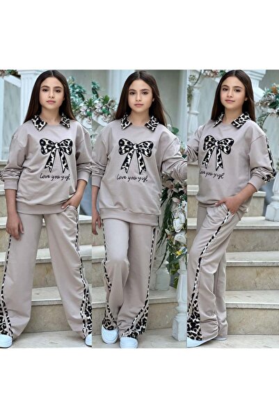 Bisahane Girl's Bowknot Leopard Patterned Top and Bottom Set